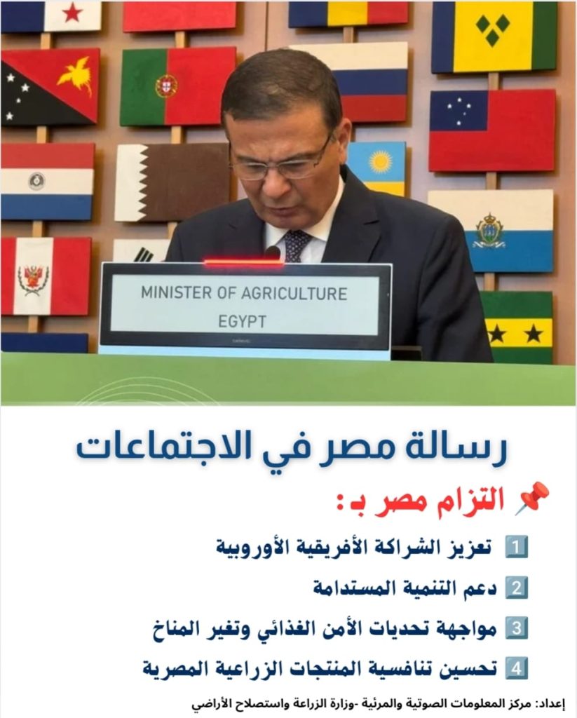 "الزراعة" تنشر انفوجراف يلخص محطات مشاركة وزير الزراعة في إجتماعات روما 